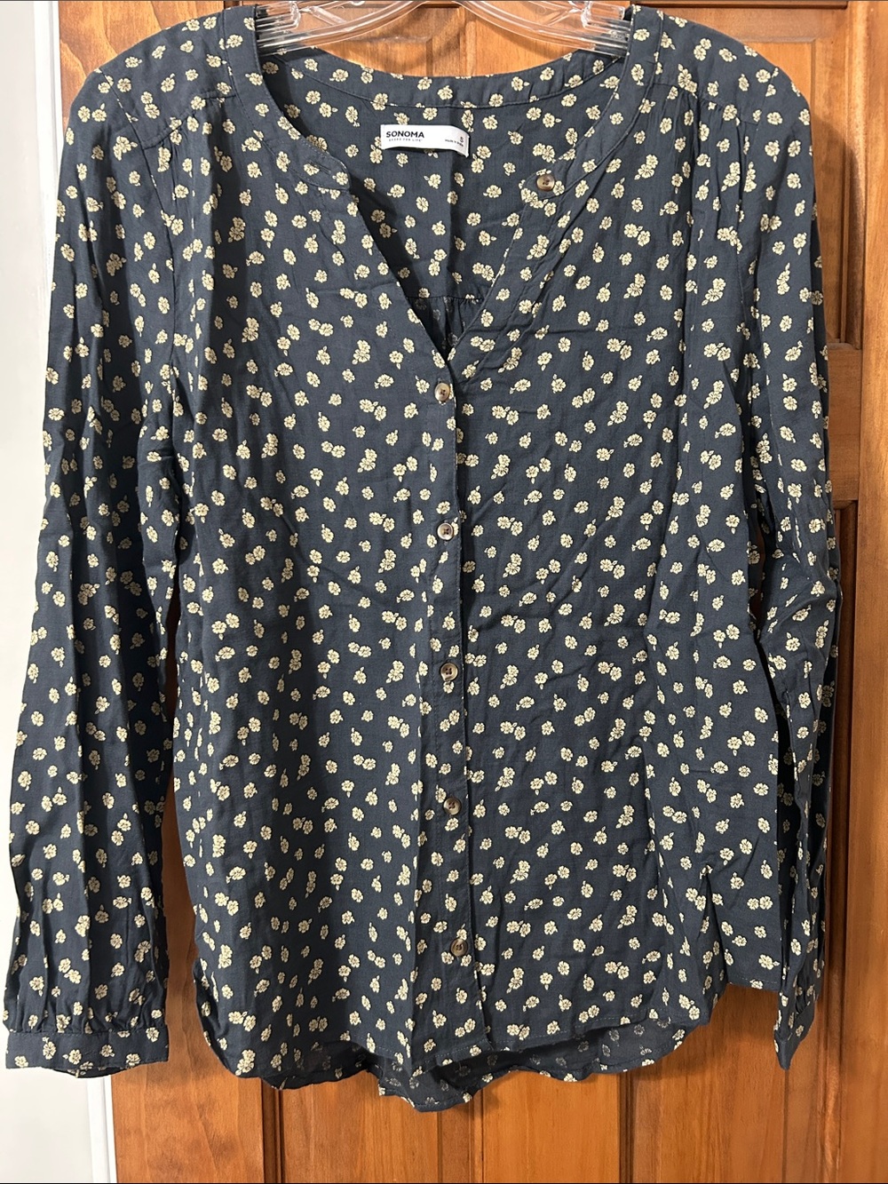 NWT Sonoma Navy Blue Button-Front Floral Blouse